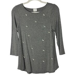 CUPIO Women Gray 3/4 Sleeve Embellished Pearl Rhinestone Jeweled Top Shirt Sz SP